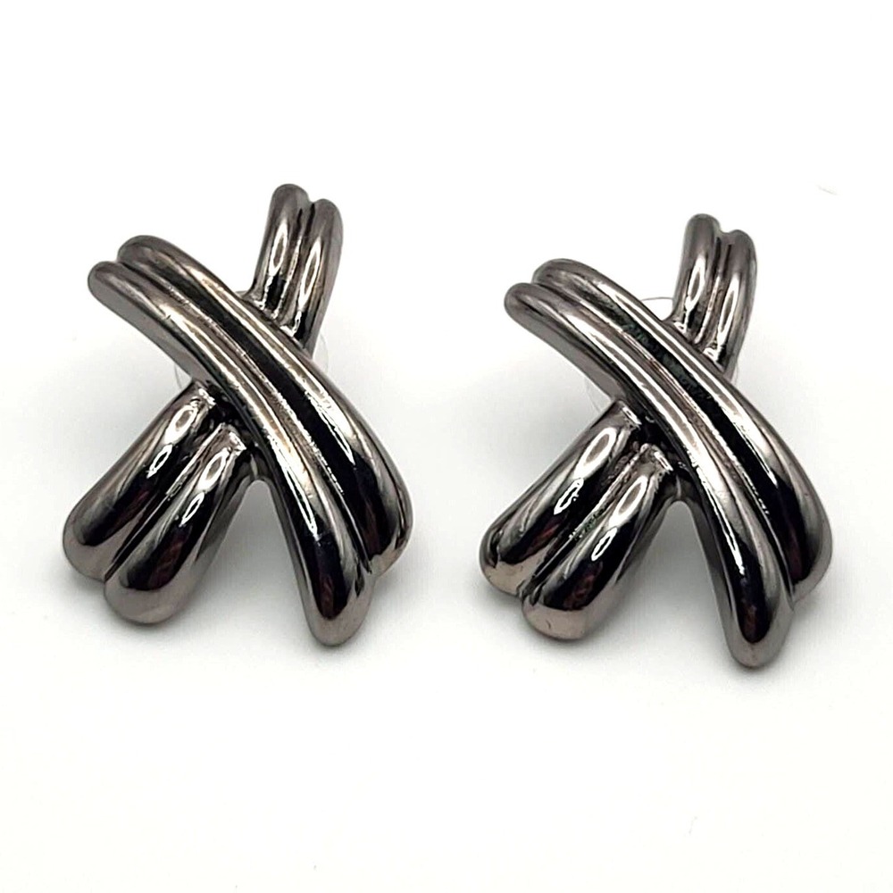 Vintage Gunmetal Silvertone Classic Double Criss Cross X Post Earrings